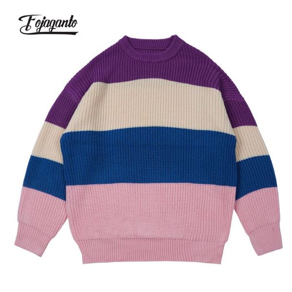 

men's sweaters fojaganto autumn/winter youth pullover sweater trend fashion long-sleeved loose casual colorful strip men, White;black