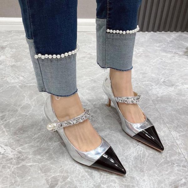 

dress shoes japanned leather mixed color pointed toe pumps woman hook&loop mary janes pearl metal chain stiletto high heels women 2021, Black