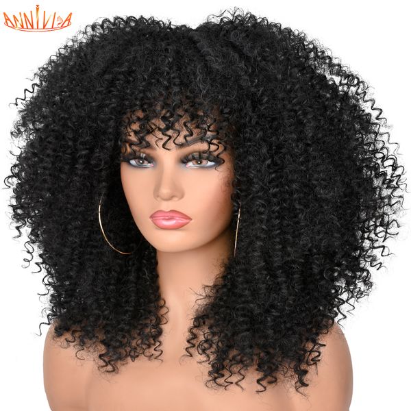 

short afro kinky curly wig with bangs synthetic fluffy natural hair wigs for black women cosplay wigs heat resistant anniviafactory direct