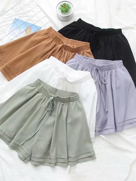 

high waist short pants with belt women casual chiffon shorts ladies elastic drawstring female summer loose mujer women's, White;black