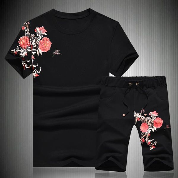 

bright flower pattern printing short sleeve t shirt and shorts sets summer cotton fashion casual men suits -5xl men's tracksuit, Gray
