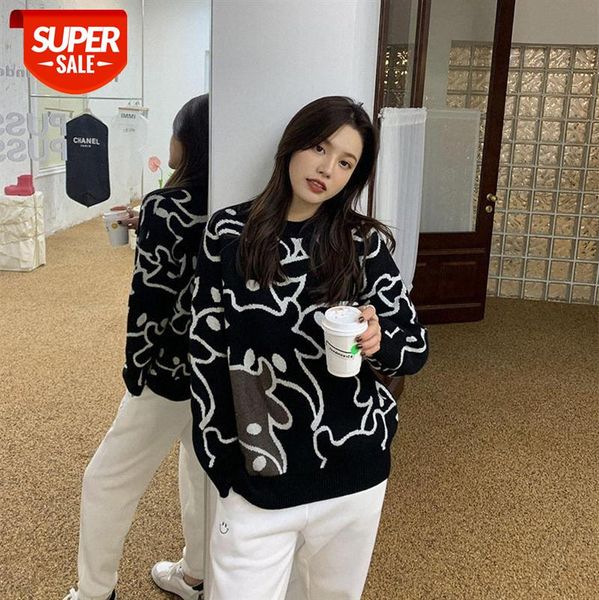 

net celebrity [bullish] round neck contrast jacquard knit sweater women hair on behalf of #on92, White