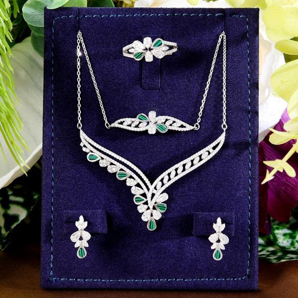 

earrings & necklace godki natural peacock stone 4pcs bracelet ring earring set for women wedding party cubic zircon cz dubai bridal jewelry, Silver