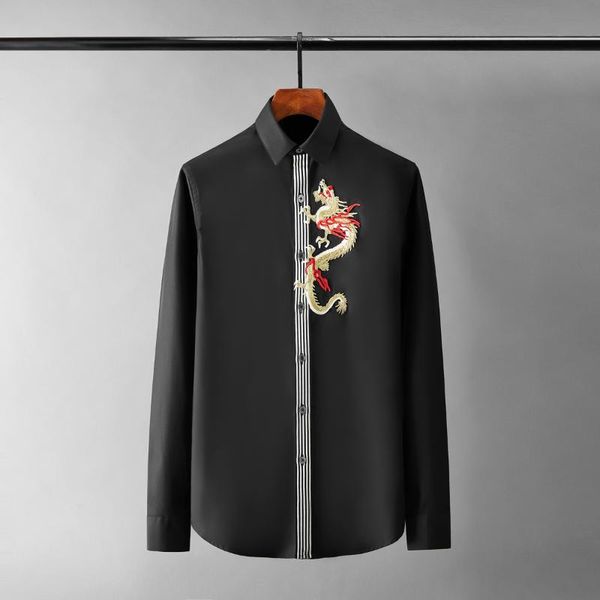 

front male embroidery shirts luxury long sleeve webbing placket casual mens dress fashion slim party man men's, White;black