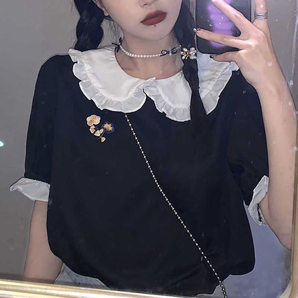 

women's knits & tees elegant vintage blouse peter pan collar solid design shirts office lady kroea style and women summer got, White