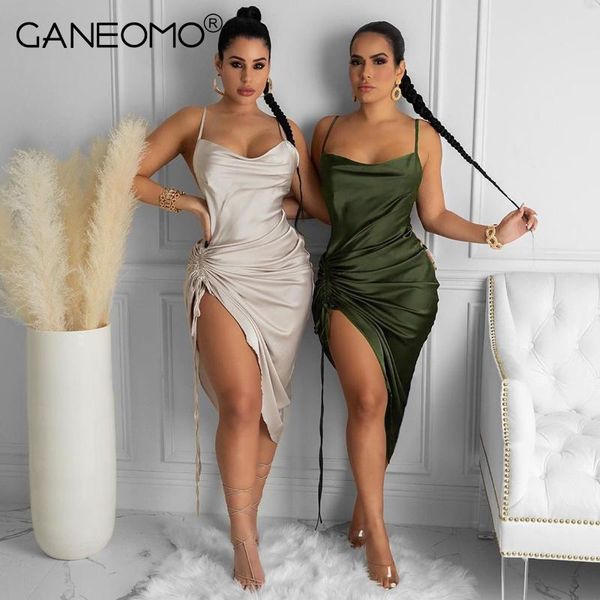 

casual dresses elegant satin summer dress for women backless spaghetti strap bodycon party long ruched drawstring bandage sundress, Black;gray