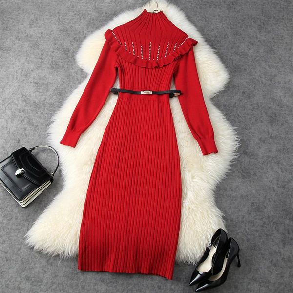

casual dresses elegant runway designer autumn winter beading slim sheath bodycon knit sweater dress women vintage robe femme midi party vest, Black;gray