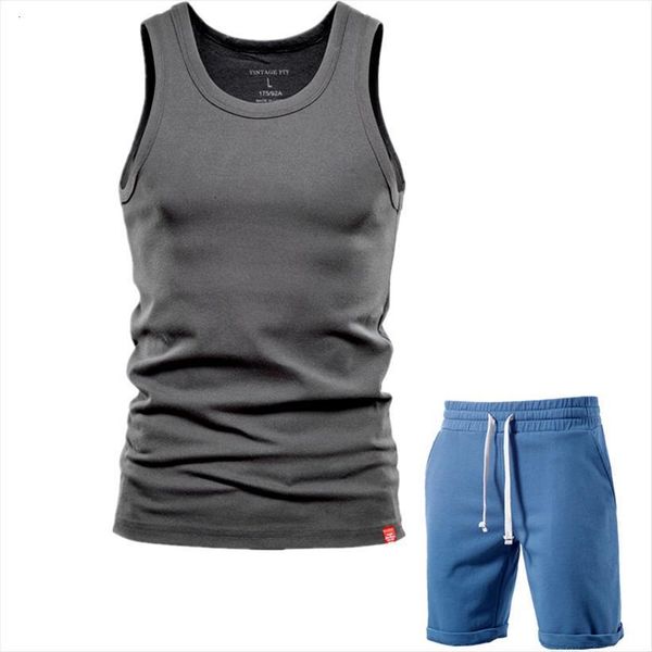 

aiopeson summer cotton sets men tracksuits casual tank shorts two pieces solid color classic tracksuit, Gray