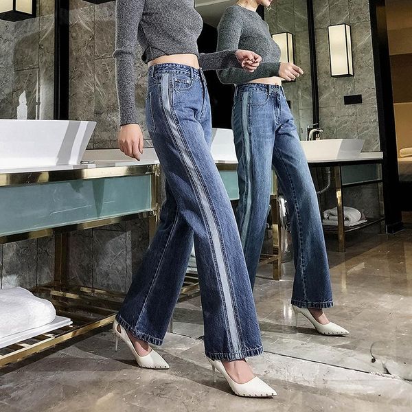 

womens denim jeans 2021 autumn high waist loose wide leg pants large size slim casual straight-leg distressed trousers women's, Blue