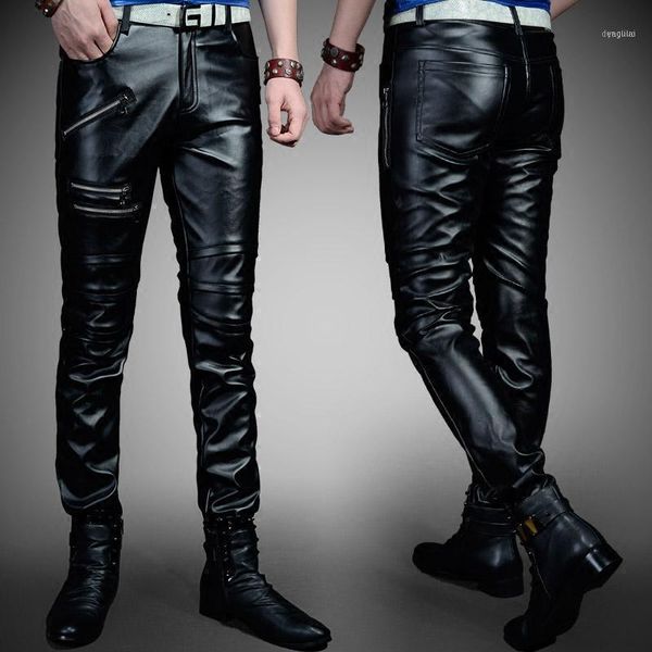 

men's leather pants korean version of the small feet slim personality trend motorcycle1, Black