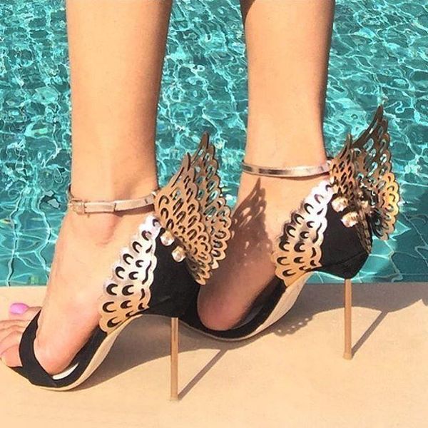 

designer women luxury 2021 butterfly heels sandals metallic leather high heel dress wedding fashion shoes buckle strap, Black