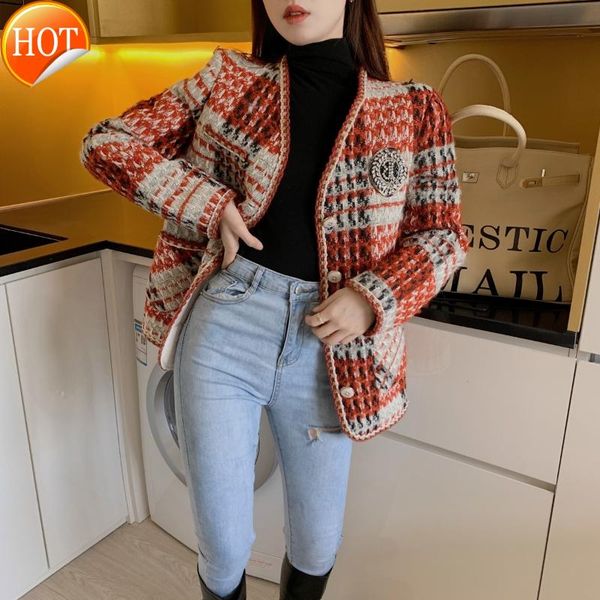 

women's wool & blends british tweed thousand bird plaid woolen thick suit coat for women, Black