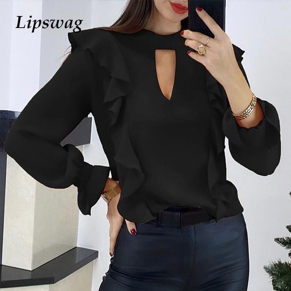 

women's blouses & shirts hollow out solid women spring summer ice silk long sleeve elegant office lady ruffle o neck button blusa, White