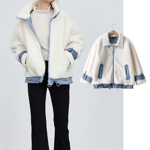 

women's down & parkas fashion women lamb wool autumn winter splicing hooded jacket shaggy warm cropped jackets overcoat zipper out, Black