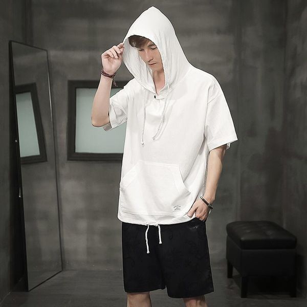 

men's t-shirts streetwear summer cotton linen t shirt men short sleeve casual mens shirts with hooded solid tee homme, White;black