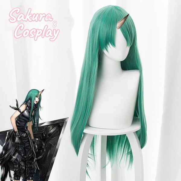 

party masks arknights hoshiguma cosplay long green mixed color straight heat resistant synthetic hair halloween carnival + wig cap