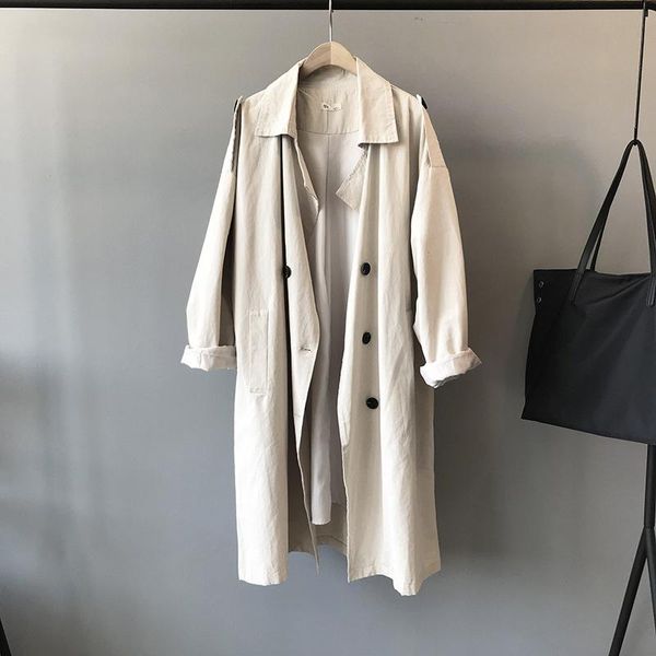 

women's trench coats spring style relaxed solid color lapel long sleeve medium length coat windbreaker navy blue cotton soft 0997, Tan;black