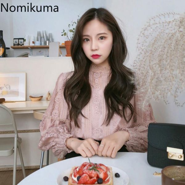 

women's blouses & shirts nomikuma korean elegant lace women arrival stand collar long sleeve blouse female see through blusas mujer 3d7, White