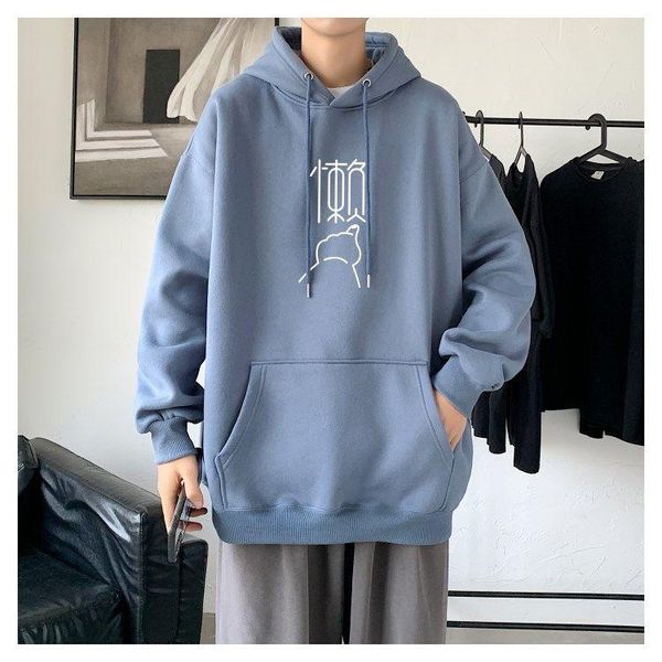 

men's hoodies & sweatshirts solid color 2021 korean casual hooded pullovers hoodie warm fleece male loose lazy sweatshirt top, Black