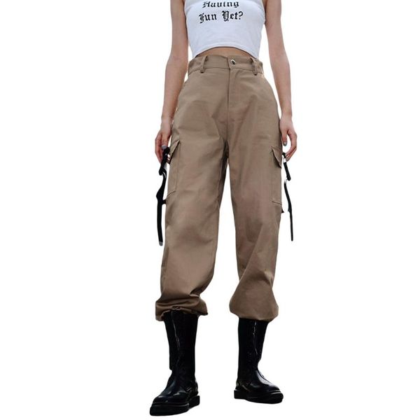 

women's pants & capris 2021 women cargo high waist hip hop streetwear fashion side pockets loose korean style female trousers, Black;white