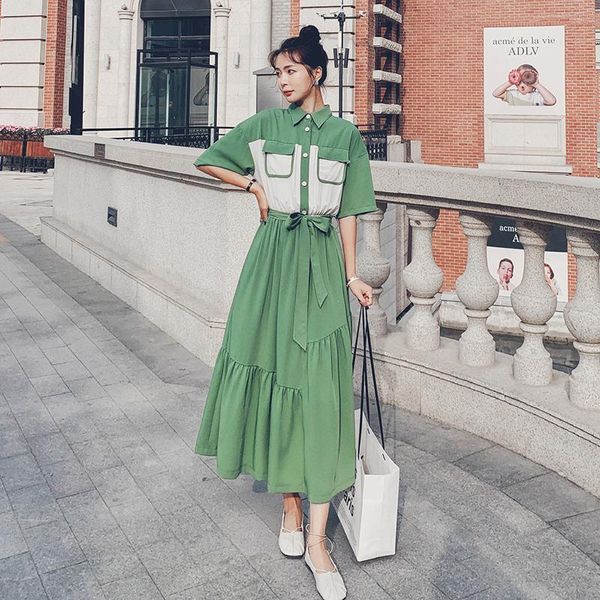 

party dresses womens 2021 summer fashion elegant short sleeve lapel big splice contrast color korean bandage shirt dress woman, White;black