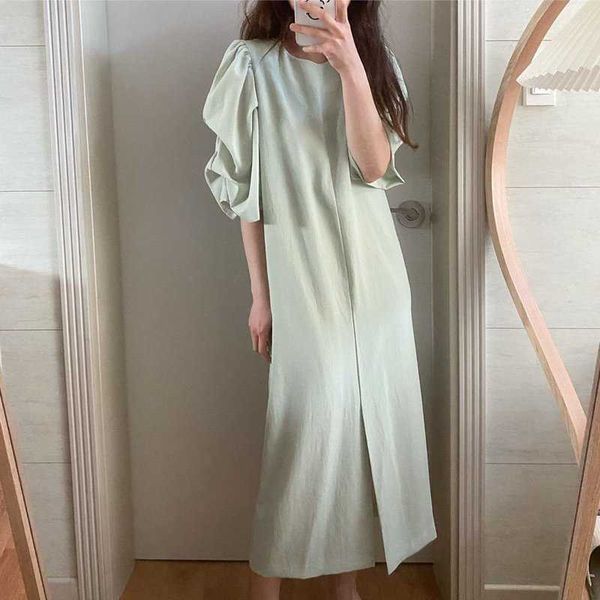 

korean chic summer retro all-match loose round neck front slit pleated puff sleeve dress women a line vestido feminino gentle 210610, Black;gray