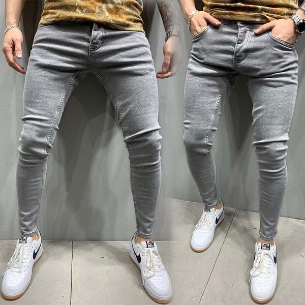 

men's jeans fashion skinny slim fit pants stretch grey men, Blue