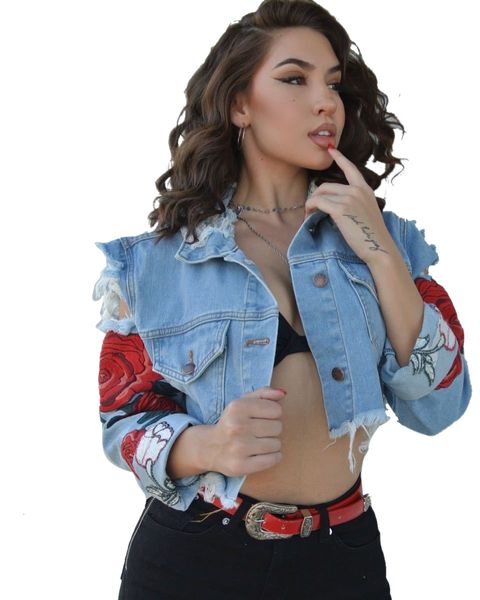 

fashion embroidery flowers women jean arrivals holes ripped long sleeves short jackets denim coats real image, Black;brown