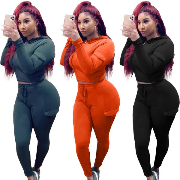 

women's pants pocket hooded slim womens outsuits spring autumn solid color long sleeve designer women two piece sets, White