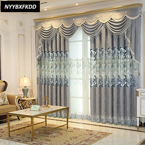 

european luxury style curtains for living dining room bedroom grey chenille jacquard embroidered valance tulle curtain & drapes