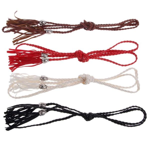 

chic ladies women braided belt pu leather tassel self-tie thin waist rope drop belts, Black;brown