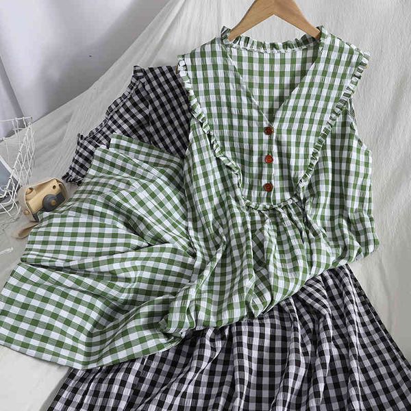 Vintage Rahat Hit Renk Ekose Uzun Ruffles Elbise Moda Yaz Kore V Yaka Kolsuz Yelek Elbise Düğmeli Vestidos 210420