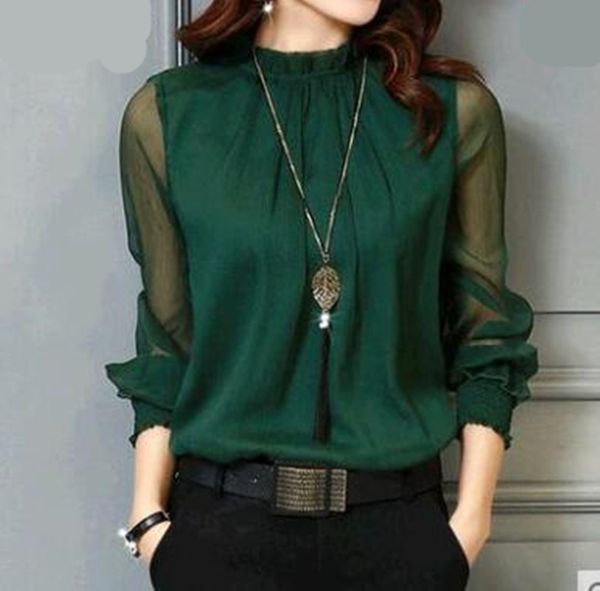 

chiffon blouse new women long sleeve stand neck work wear shirts elegant lady casual blouses womens blusas plus size, Gray;blue