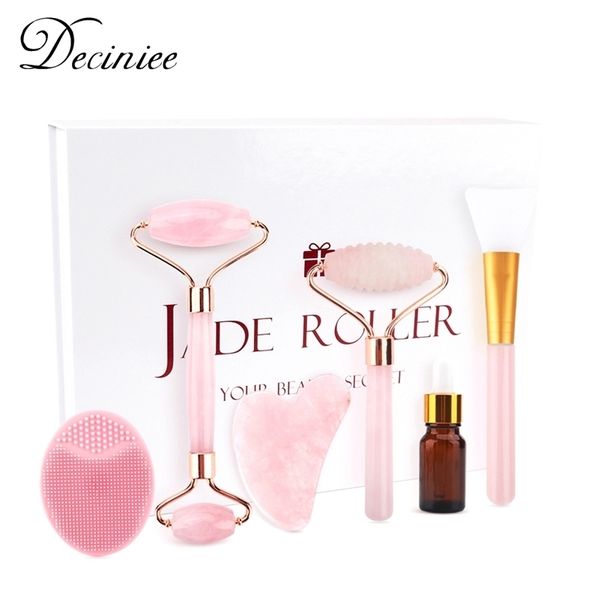 

6pcs/set rose jade roller gua sha set face brush natural quartz scraper stone massage massager tool for body neck 220125