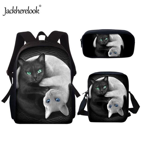 

school bags jackherelook 3pcs/set canvas book 3d white black funny animal cat schoolbag for children boys kids bag sac enfan