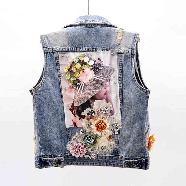 

women's jackets jackets summer fashion slim short denim women sleeveless jacket coat sequins embroidery flowers waistcoat frayed jeans, Black;brown
