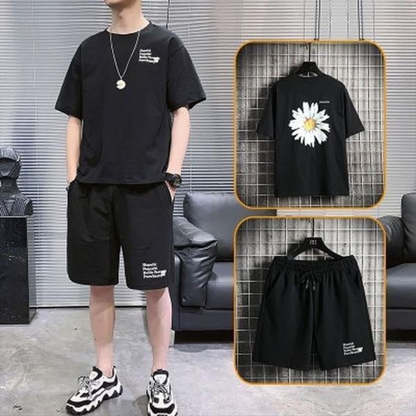 

sets fllower knee length mens tracksuits trousers summer chic leisure loose set fashion male korean simple all match tee, Gray