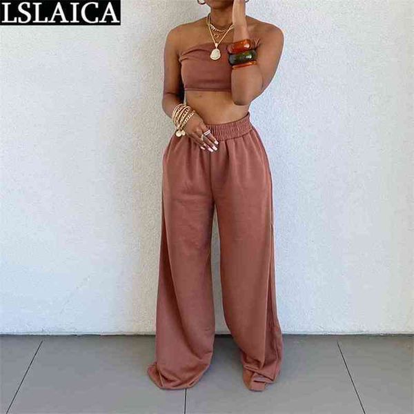 

women's tracksuit strapless elastic waist wide leg pants solid color suit fashion casual summer elegant party sets 210515, White