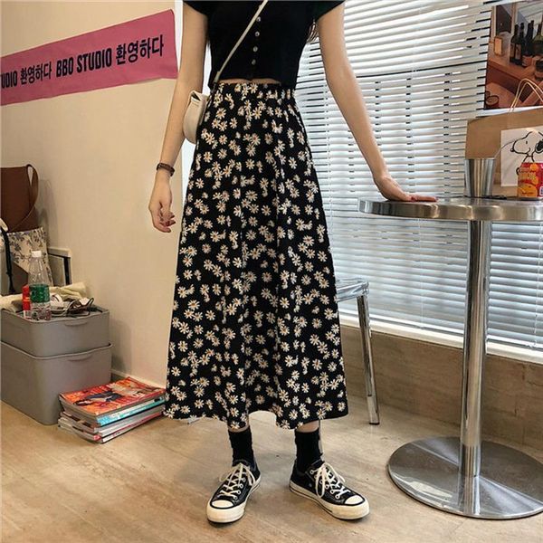 

jupe femme long faldas mujer women skirts moda summer flower print girl clothing dropshipping streetwear, Black