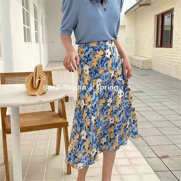 

oil painting printed skirt medium-length a-word hanfeng crushed flower chiffon 210529, Black