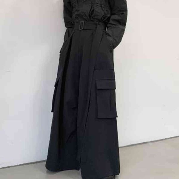 

men's pants men japan loose casual wide leg cargo male street wear hip hop punk gothic harem belt trousers kimono straight skirt g6w1, Black