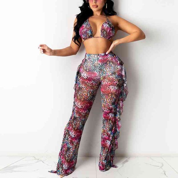 

two piece summer beach suits leopard bra & ruffles pants set 210702, White