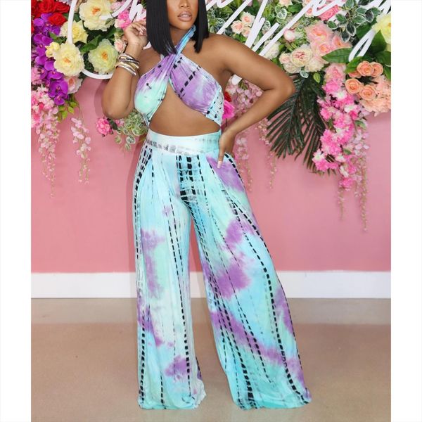 

two piece clothes set womenpant tie dyed printed sleeveless crop vest loose wide leg pants plus size xxl, White
