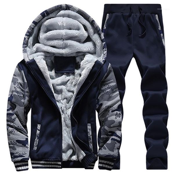 

men's tracksuits winter fleece men casual set plus velvet warm sweater suit patchwork camouflage sportswear clothing size 5xl1, Gray