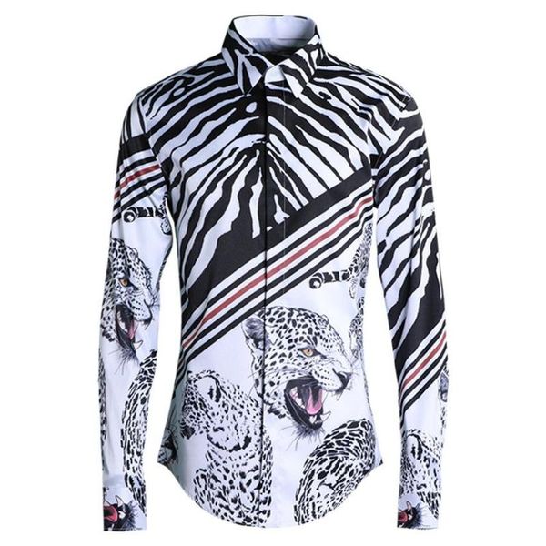 

men's casual shirts minlgu mens luxury original speckle leopard fashion dress hight quality printed slim fit, White;black