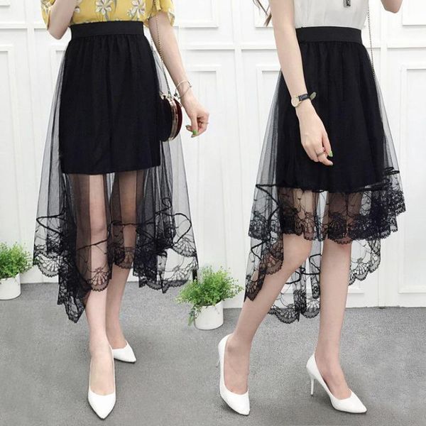 

skirts 2021 summer arrival elastic high waist slim simple black mesh skirt wild women lace irregular long