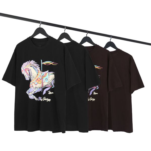 

american high street travis scott t shirt designer ts vintage carousel casual loose oversize short sleeve t-shirt men and women couples, White;black