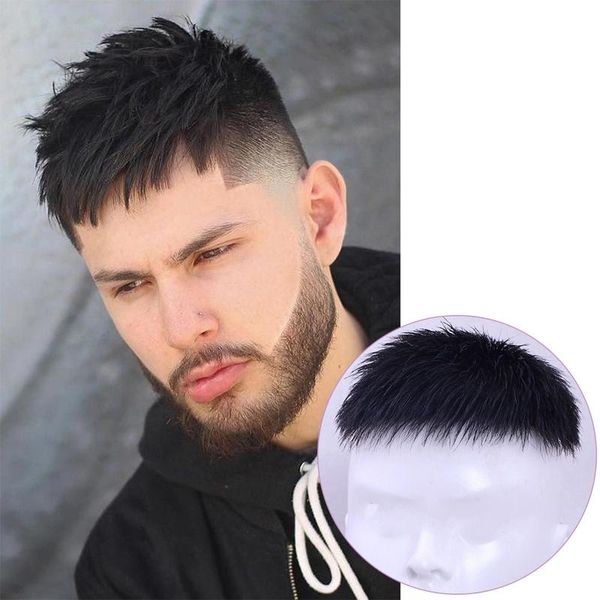 

synthetic wigs dianqi natural color real clip wig for men breathable hair net base with bangs in pieces, Black