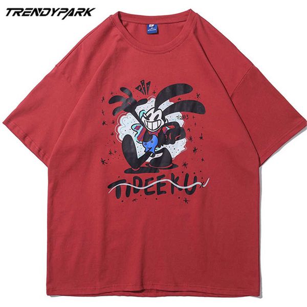 

men's t-shirt cartoon print summer short sleeve tee hip hop oversized cotton casual harajuku streetwear tshirts clothing 210601, White;black