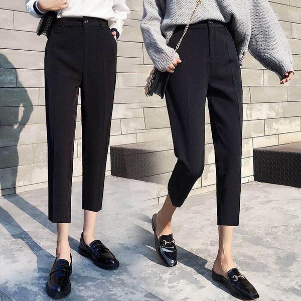 

women's pants & capris women 2021 spring and summer solid stretch oversize trousers casual suit calf-length slimming ol, Black;white